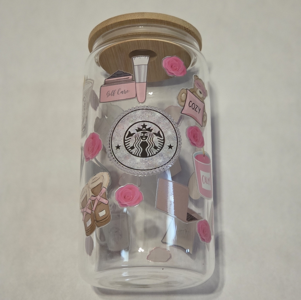16oz Starbucks Pink and Brown Self-Care Glass Can